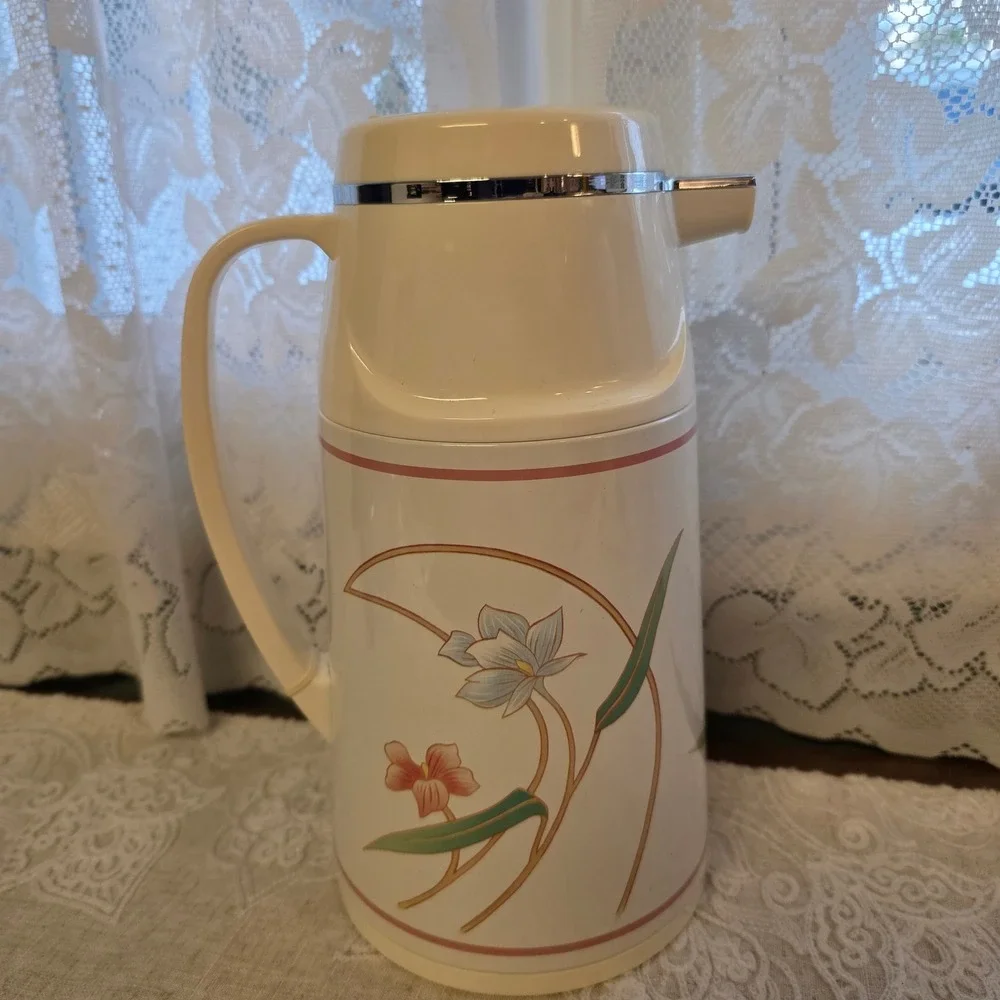 Vtg Sango Thermal Carafe 10in Cream Floral Glass Lined Vacuum Insulated Pitcher